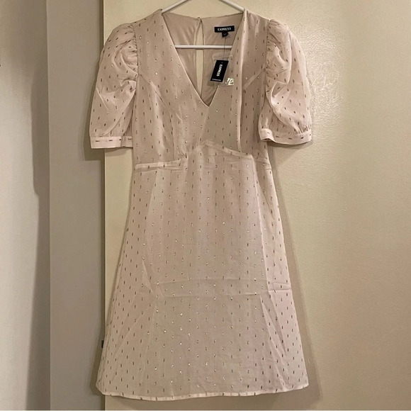 EXPRESS Metallic‎ Clip Dot Puff Sleeve Fit and Flare Dress - Picture 4 of 7